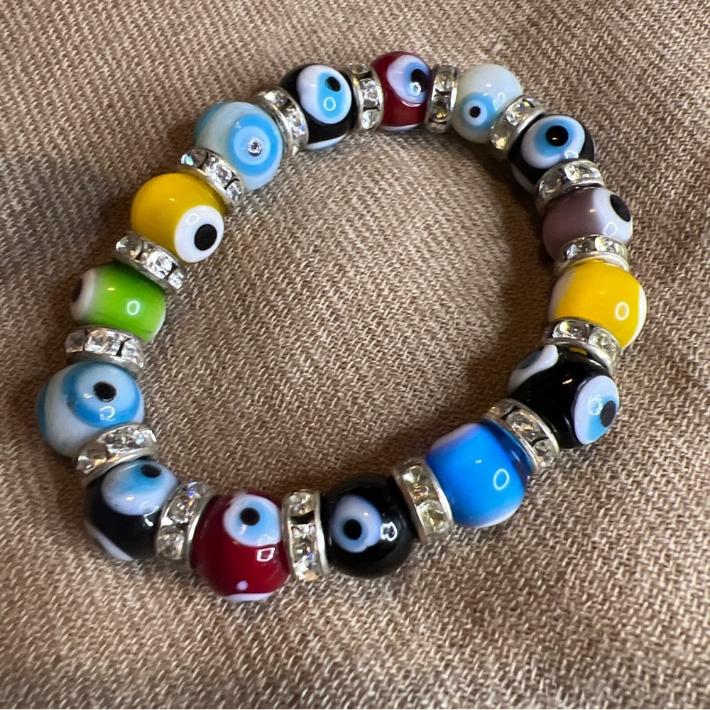 Vintage fused glass, lucky “evil eye” bracelet, rhinestone Roundels stretchy
